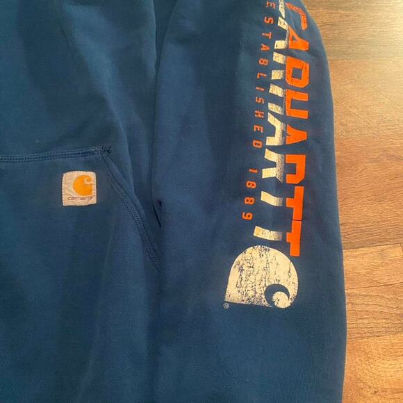 Mens blue carhartt work outdoors pullover hoodie - Picture 2 of 4